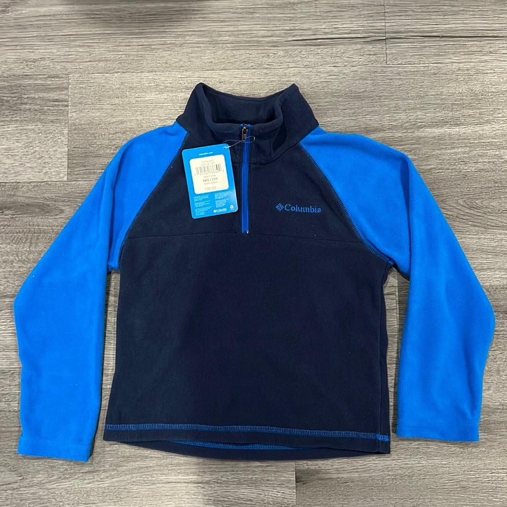 NWT Columbia boys XXS, two toned blue long sleeved, 1/4 zip fleece jacket
